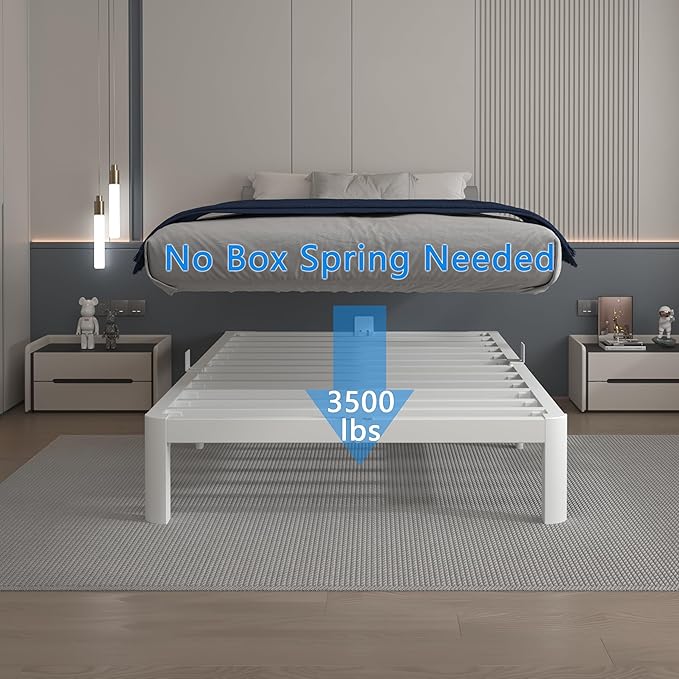 White 10 Inch Twin Bed Frames, Metal Bed Frame Twin Size with Anti-Slip Baffles, No Box Spring Needed, Rounded Corner Legs, Heavy Duty Steel Platform Support, Noise Free, Storage Space