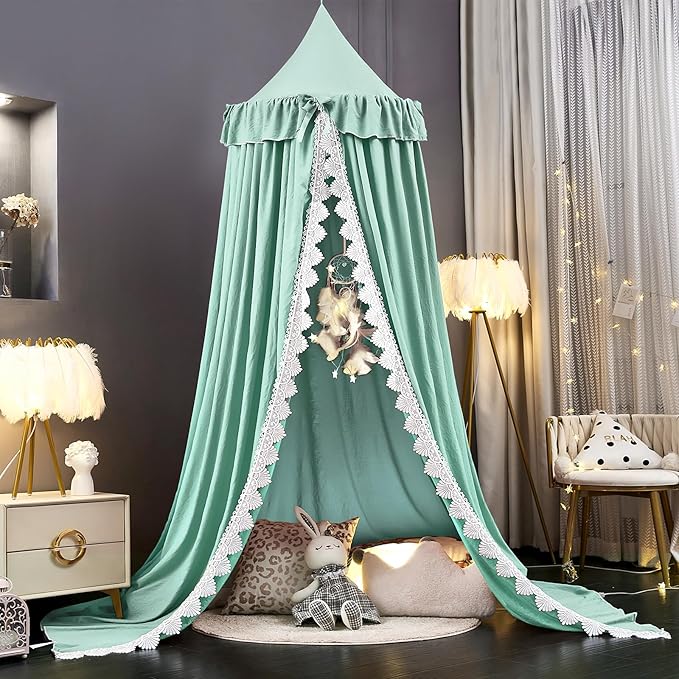 Kertnic Bed Canopy for Girls, Ruffled Soft Pink Princess Canopy Dreamy Bow Decor, Bed Canopies for Kids Room, Hanging Canopy Bedding Drapes Toddler Reading Nook Play Tent (Green)