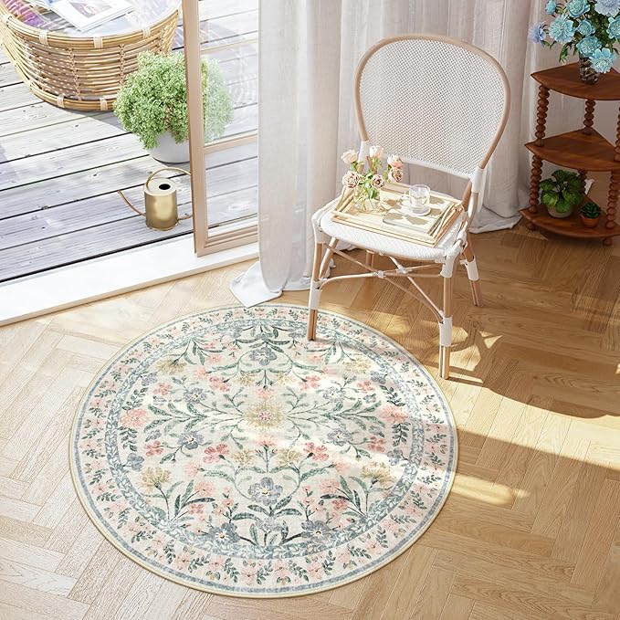 Lahome Round Boho Floral Rugs 4ft, Cream Washable Circle Rugs for Bedroom Nursery, Vintage Beige Circular Carpet, Soft Non-Slip Carpet for Kids Room Playroom Calm Corner, Beige