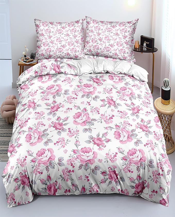 Floral Duvet Cover King Teen Girl Botanical Flower Coquette Bedding Comforter Cover Soft with 2 Pillowcases Cottagecore King Duvet Cover with Zipper Ties,3 Piece Bedding Sets