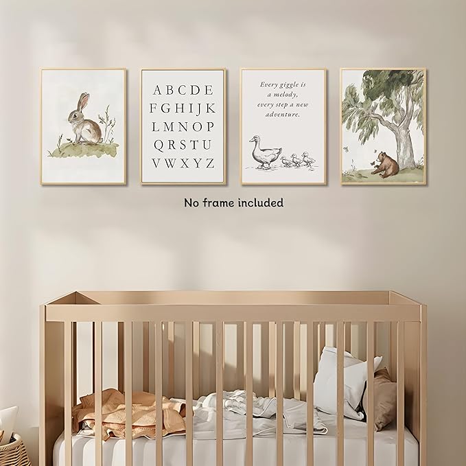 Kousne Nursery Gallery Wall Art Animal Canvas Prints Vintage Rustic Poster Set for Kids’ Room Decor Alphabet Inspirational Quotes Wall Art Neutral Baby Room Painting Unframed12x16 Inches