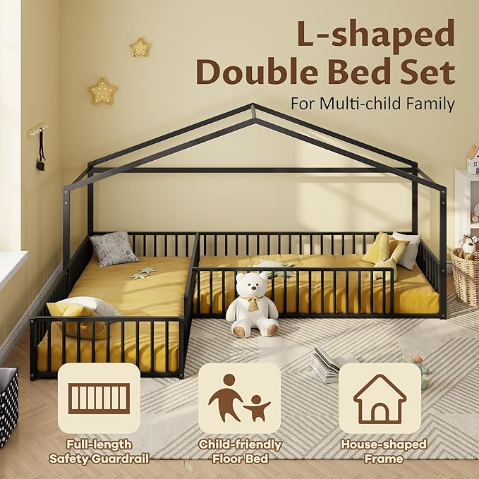 Double Twin Size L-Shaped Floor Bed,Metal Corner House Bed Frame with Fence,House-Style Floor Bed for 2 Kids,Without Slats,Black