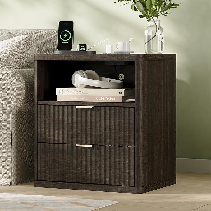 Fluted Nightstand Set of 2 with Charging Station, 21.7" Wide Modern Night Stand with 2 Drawers Open Storage Cabinet, Wooden Bedside End Table for Bedroom,Walnut