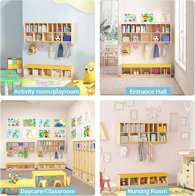 Wall Diaper Organizer for Daycares with Cubby Bench, Wooden Diaper Shelf with 5 Cubbies and 10 Small Storage, Daycare Cubbies for Nursery, Home, School