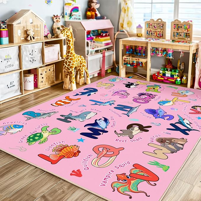 Kids Rug for Playroom, 4x5 Feet Educational Rug for Learn The ABC Alphabet, Soft Machine Washable Non-Slip Cute Marine Organisms Carpet for Classroom Toddler Nursery Kids Room Decor Mat, Pink