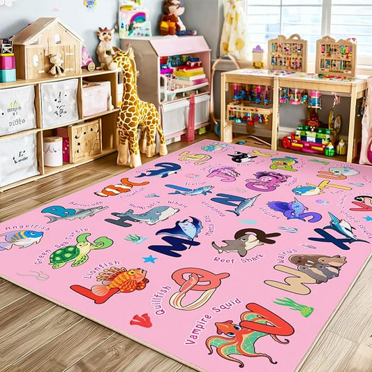 Kids Rug for Playroom, 4x5 Feet Educational Rug for Learn The ABC Alphabet, Soft Machine Washable Non-Slip Cute Marine Organisms Carpet for Classroom Toddler Nursery Kids Room Decor Mat, Pink
