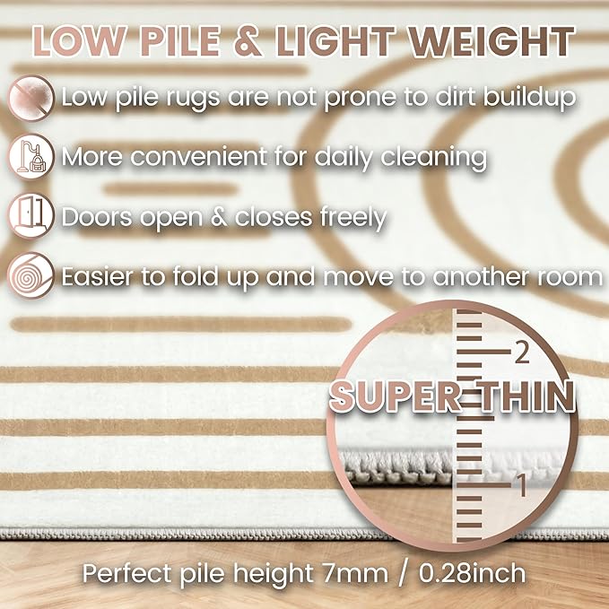 Washable 8x10 Modern Area Rug for Living Room, Tan White Minimalist Artistic Abstract Large Rug, Ultra Thin Low Pile Lightweight Soft Indoor Carpet with Nonslip Backing for Home Bedroom Kids Play Room