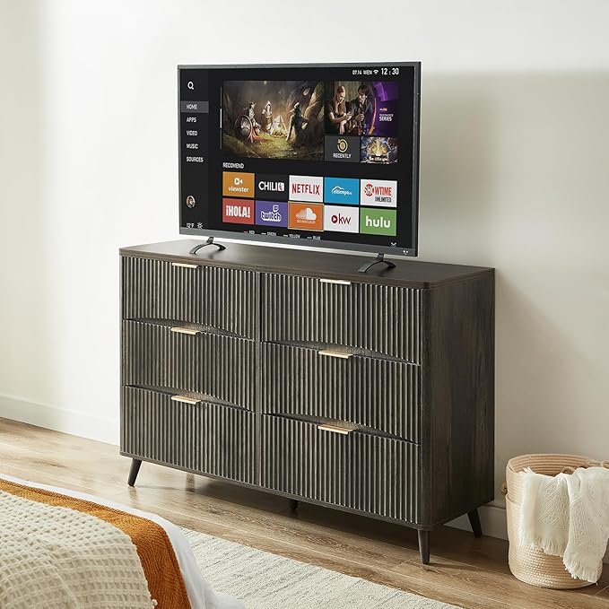Evermagin 55" Wide Fluted 6 Drawer Dresser, Mid Century Modern Curved Dresser, Light Wood Chest of Drawers for Bedroom, Living Room and Entryway, Dark Grey
