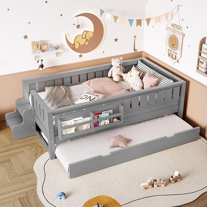 Bellemave Twin Bed with Trundle Twin and Stairs, Twin Size Platform Bed Frame with Fence and Bookshelf, Easy Assemble Beds for Kids, Girls, Boys, Gray