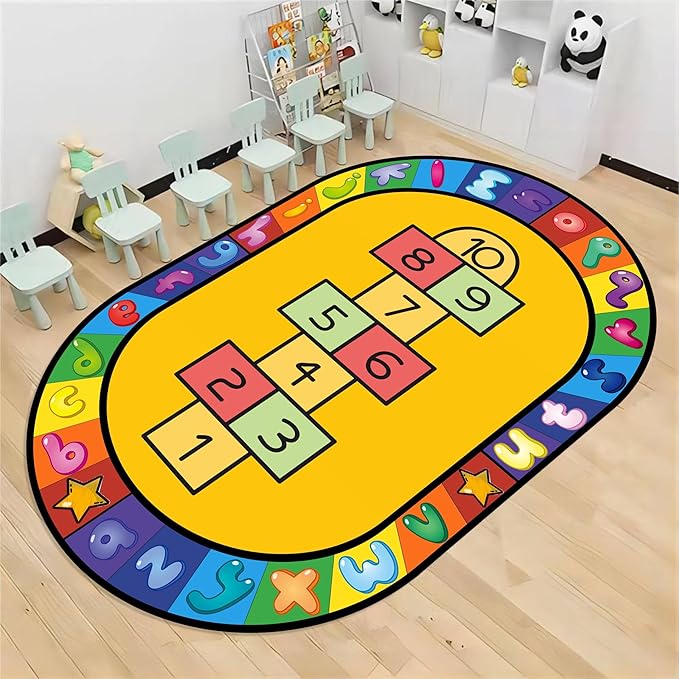 Kids Hopscotch Area Rug, 5x6ft, Playmat for Boys & Girls, Alphabets and Numbers Educational Learning & Fun Game Oval Rug, Soft Non-Slip Machine Washable Rug for Playroom Classroom Nursery