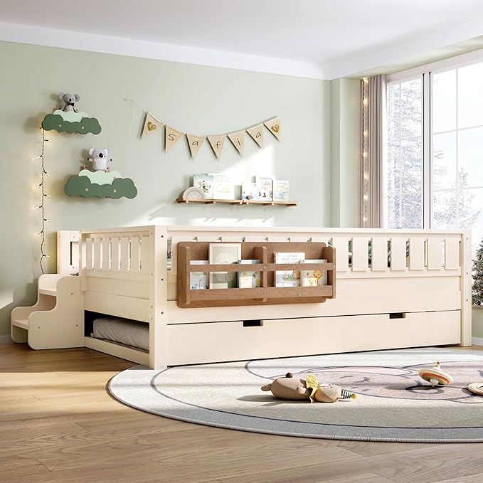 Bellemave Full Bed with Trundle and Stairs, Full Size Platform Bed Frame with Fence and Bookshelf, Easy Assemble Beds for Kids, Girls, Boys, Beige