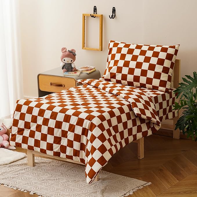KAREVER Grid Toddler Bedding Set Pumpkin White Checkered 4 Pieces Crib Bed Set Kids Pliad Comforter Set