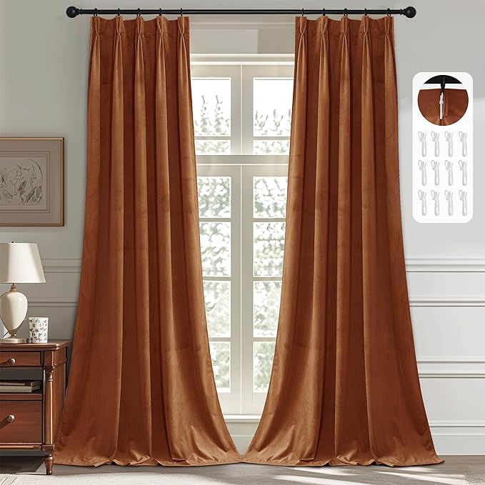 StangH Burnt Orange Fall Curtains Velvet Pinch Pleated Thermal Insulated Window Drapes Back Tab Terracotta Room Darkening Sliding Door Curtain for Bedroom Balcony Patio, W38 x L96, 2 Panels