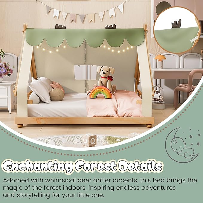 Montessori Floor Bed Full with Tent & Light, Wood Full House Beds for Kids, DIY Playhouse, Low-Profile Teepee Bed, Playful Indoor Adventure & Sleep for Girls Boys,Natural+White