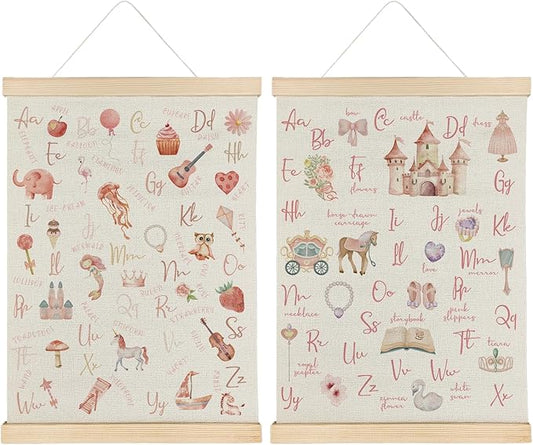 SereneHanctuary Pink Alphabet Girl Nursery Wall Art Decor,Preppy Girly Pink Alphabet Educational Poster Hanger Frame for Toddler Kids Girls Bedroom Nursery Classroom Decor,12x16 Inches Set of 2