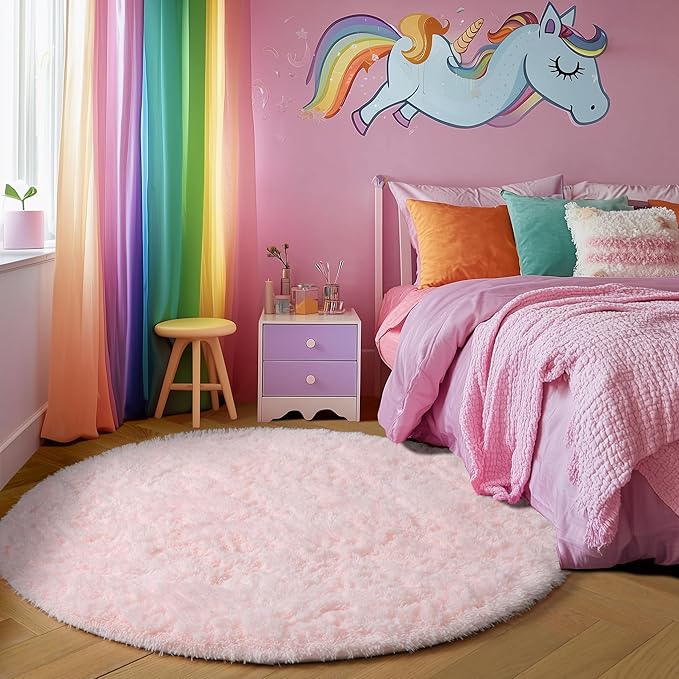 Amdrebio Pink Round Area Rugs 7Ft for Girls Bedroom Decor, Fluffy Large Circle Rug for Living Room, Kids Room, Teen, Fuzzy Plush Carpets for Baby Nursery, Dorm, Classroom, Big Indoor Kawaii Play Rug