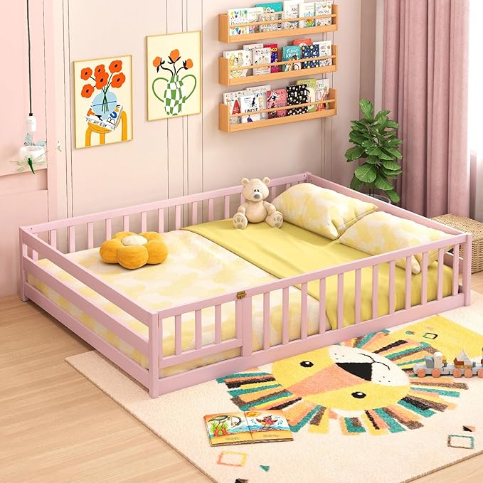 Giantex Full Floor Bed with Door & Fence, Kids Wood Montessori Beds with Safety Guardrails, Floor Bed Twin for Kids, Boys, Girls, No Box Spring Needed, Pink