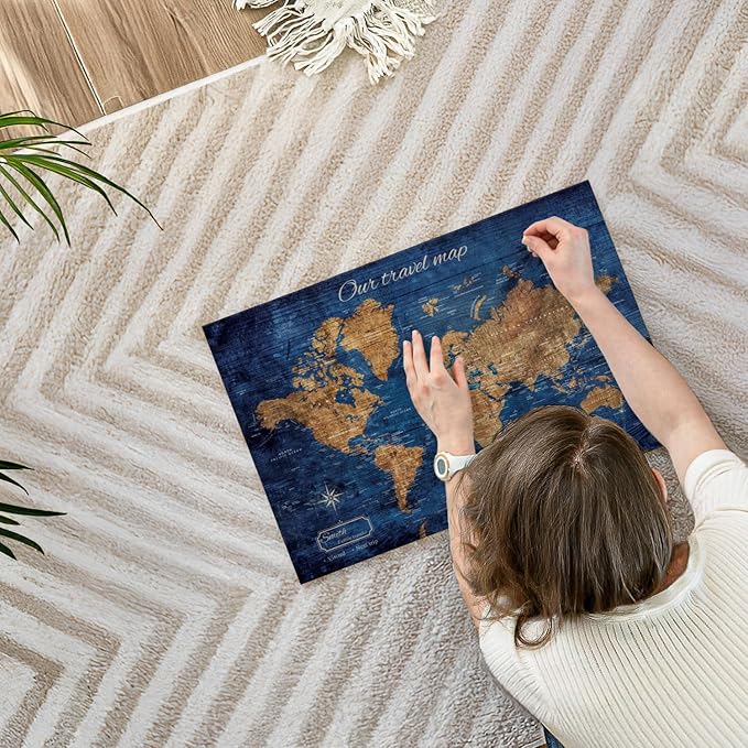 ElephantStock - Personalized Our Travel I Push Pin World Map Wall Art - Horizontal Canvas Wall Art - Living Room Wall Decor - Digital Art Map Canvas Art - Brown And Blue Decor - 24" x 16"