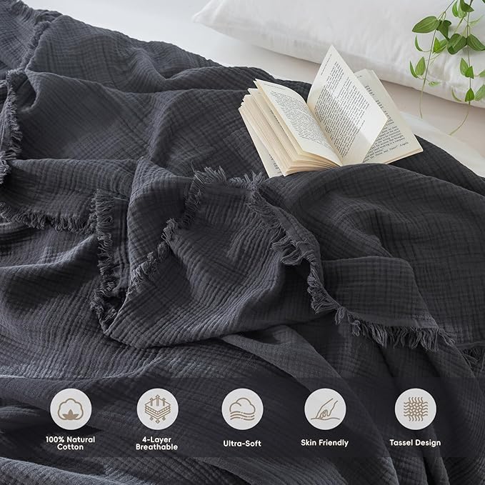 MooMee Muslin Blanket - 100% Cotton 4-Layer Gauze Throw Blanket with All-Around Fringe, Ultra-Soft Breathable Lightweight Cooling Decorative for Bed, Sofa & Couch (Dark Grey,Super King 108" x 98")
