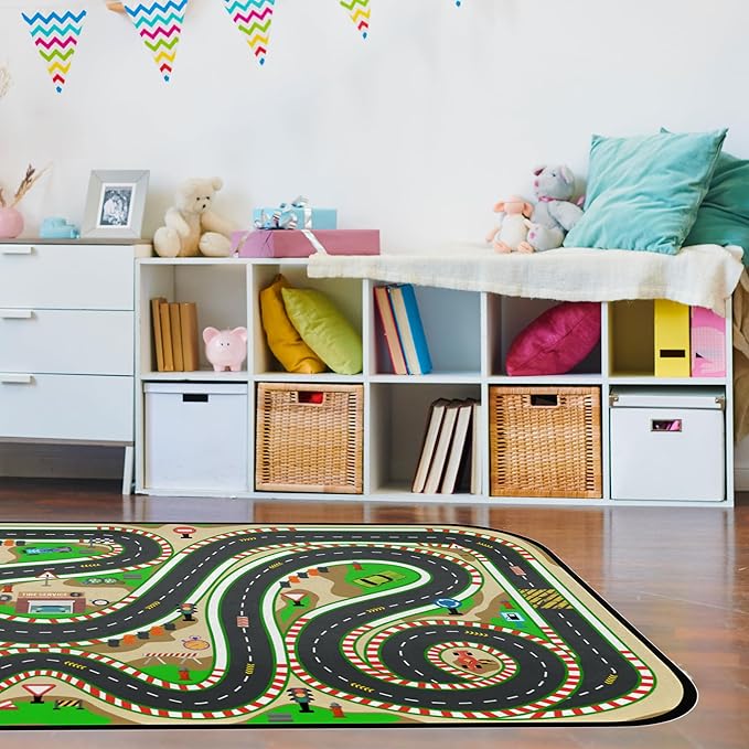 Kids Race Track Play Rug - Car Road Map Realistic 3D Cascading Soft Non-Slip 2x3 Ft Carpet Toys Mat Washable Playroom Bedroom Boys Nursery Educational Area Rug Entrance Mats Classroom Decor