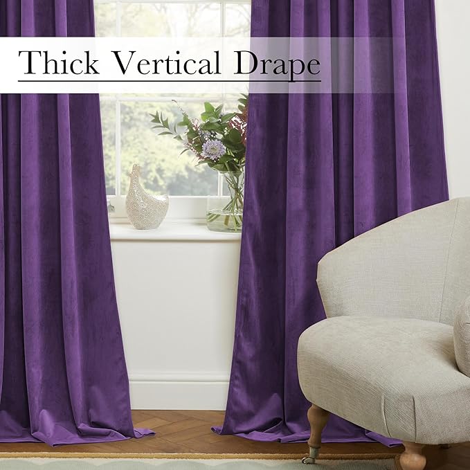 StangH Purple Velvet Curtains 52x84 inches, Room Darkening Super Soft Drapes for Bedroom Living Room, Thermal Insulated Window Treatment, 2 Panels