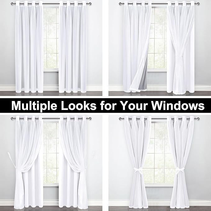 XWZO White Double Layer Curtains, 100% Blackout Curtains with Sheer Overlay for Nursery, Living Room, Children's Room, Grommet Thermal Insulated Privacy Curtains with Tiebacks, 2 Panels, 52x96