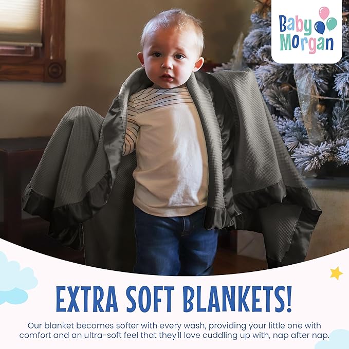 Blankets Thermal Waffle Baby Blanket Crib Bedding - Soft Cozy Warm Infant Thermal Cover for Nursery Stroller or Bassinet, Lightweight Ideal Shower Gift, Satin Trim Gray 36" x 50"