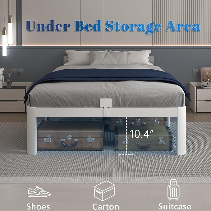 White 12 Inch Twin Bed Frames with Gaskets, Metal Twin Size Bed Frame No Box Spring Need, Heavy Duty Steel Platform Support, Round Corner Desgin, Reserved Holes, Storage Space, Noiseless