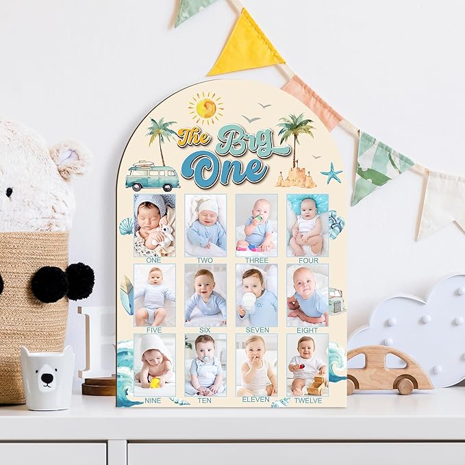 R HORSE My First Year Photo Display Wood Board - Baby’s First Year Picture Frame, 12 Months Milestone Board, 3D Summer Beach Neutral Baby Keepsake Gift One Year Old Birthday Nursery Decor for Girl Boy