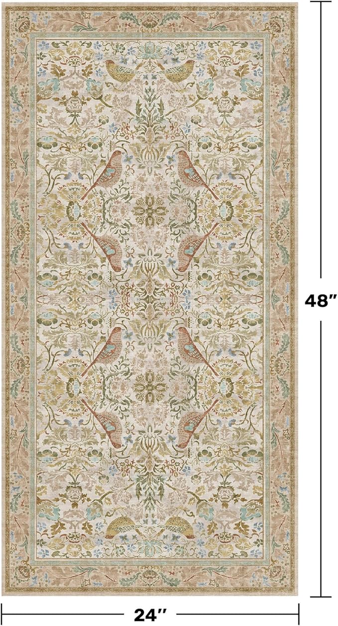 Beige Small Throw Rug for Entryway 2x4 Washable Non Slip - Soft Low Pile Boho Bathroom Rugs for Kitchen, Powder Room - Unique Farmhouse Bird & Pattern Botanical Decorative Door Mats