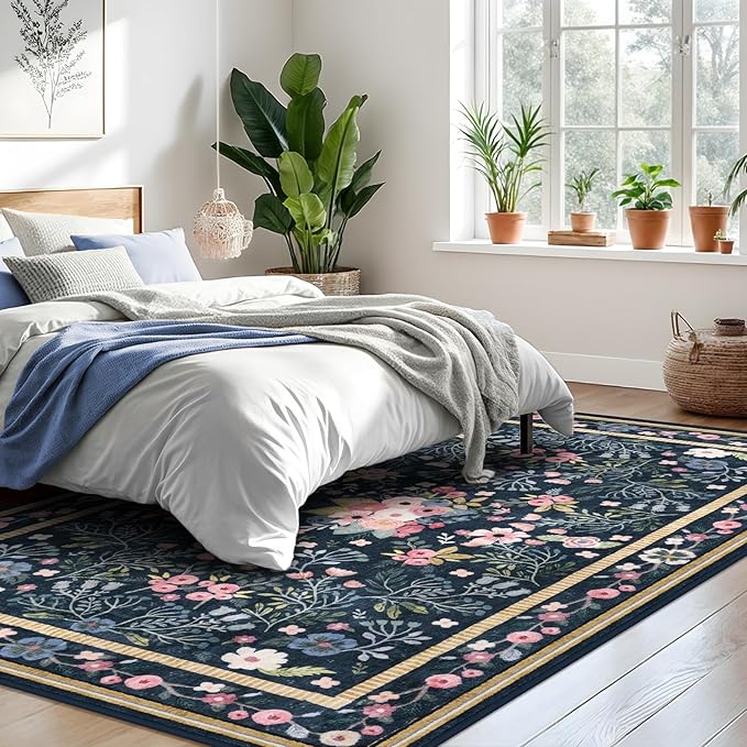 Area Rugs for Living Room 5x7, Washable Non-Slip Thin Floral Vintage Boho Rug for Bedroom Dining Room Office, Soft Rug Indoor Lightweight Carpet, Blue/Multi