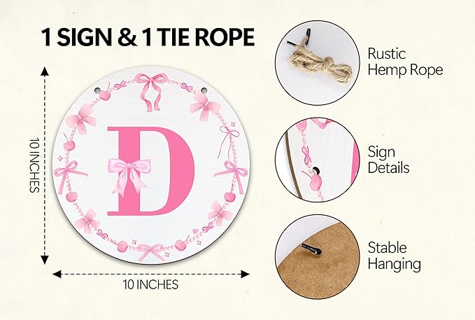 Monogram Round Sign For Front Door, Cherry Bow Theme Sign For Porch Art Wall Door, Initial Signs Hanging Ornament For Indoor Outdoor, Decorations Gifts For Four Seasons Rustic Home Kitchen, D, A04