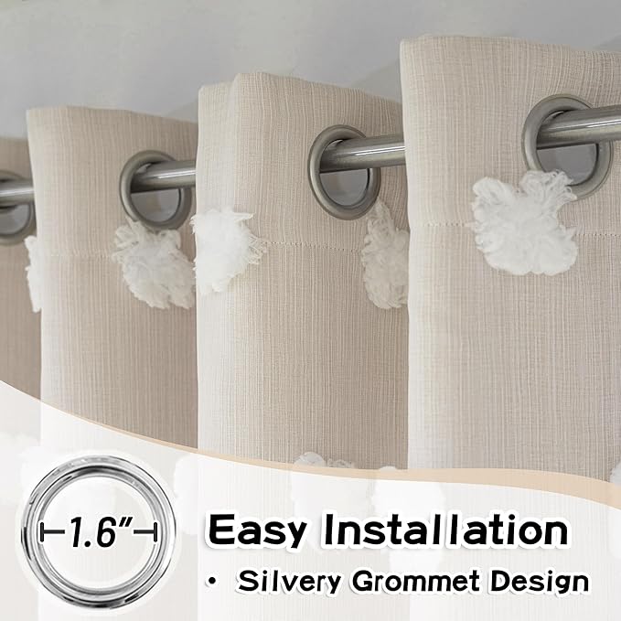 MYSKY HOME Kids Curtains for Girls Bedroom Double Layer Curtain for Daughter Room 84 Inches Long Pom Pom Sheer Drapes Beige Curtains for Living Room Grommet Room Darkening Panels W52 X L84