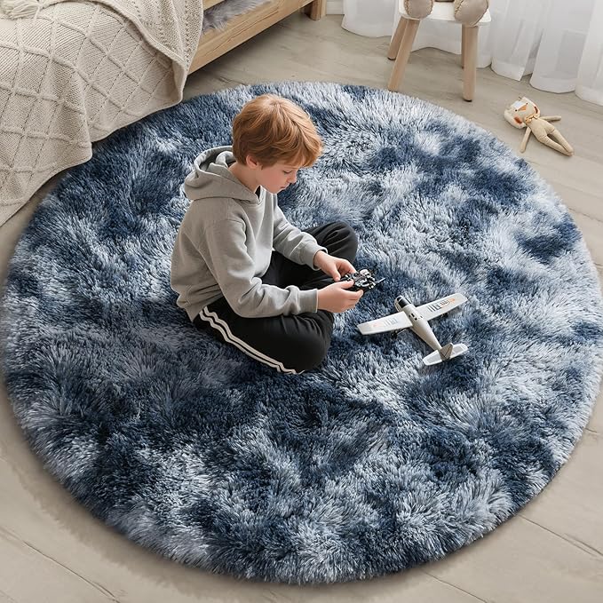 EVOIONOS Tie-Dyed Blue Grey Round Rug for Bedroom, 4x4 Ft Fluffy Soft Circle Area Rugs for Living Room, Plush Shaggy Circular Carpet for Indoor Floor Bedside Kids Nursery, Home Decor Aesthetic
