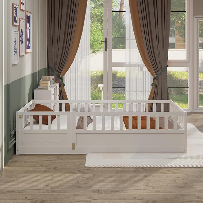 KEIKI Twin Montessori Floor Bed, Kids Floor Bedframe with Fence & Door, Children's Wood Bed for Living Room, White