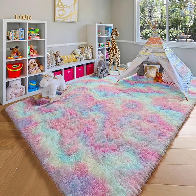 ONASAR Rainbow Area Rugs for Girls Bedroom, 4x6 Fluffy Bedside Colorful Rug, Cute Washable Soft Plush Shaggy Princess Fuzzy Indoor Floor Carpet for Nursery Kids Baby Teen Dorm Playroom Home Decor