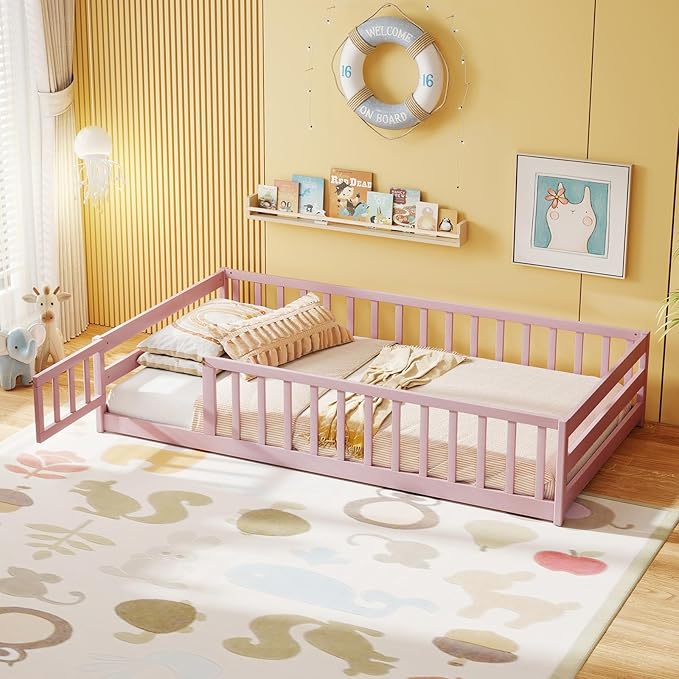 KOMFOTT Twin Size Wood Floor Bed with Door & Fence, Montessori Bed Frame with Full Length Safety Guardrails, Door & Latch, Wooden Montessori Floor Bed for Kids, Girls, Boys (Twin,Pink)