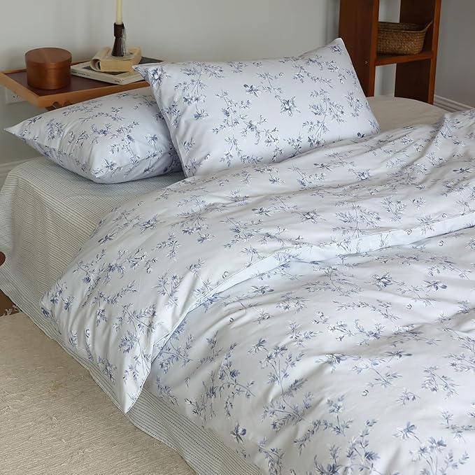 HighBuy Vintage Blue Floral Duvet Cover Queen Premium Cotton Flower Bedding Comforter Cover Boho Floral Girls Bedding Set Queen Garden Style Cottagecore Duvet Cover with Zipper Closure Corner Ties