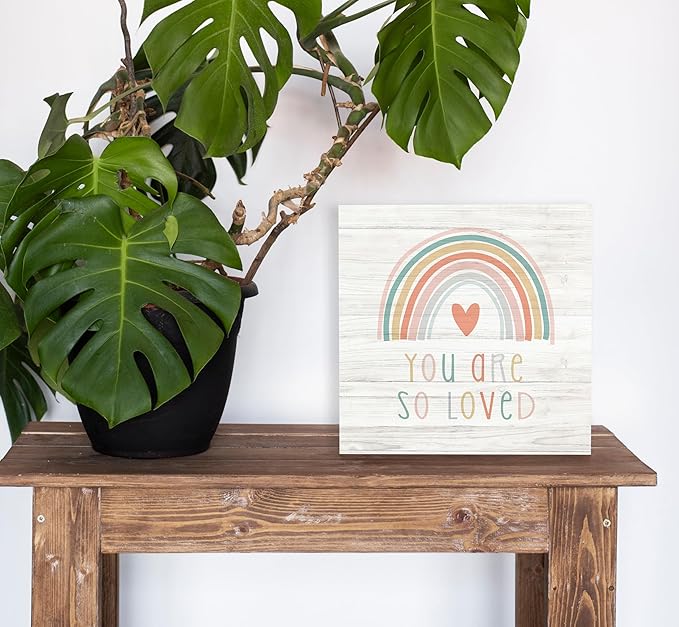 SRADMO You Are So Loved Rainbow Heart Wood Box Sign Desk Decor 8x8, Kids Inspirational Quotes Wooden Block Box Sign Decoration For Kids Room Nursery Playroom Shelf Table Decor