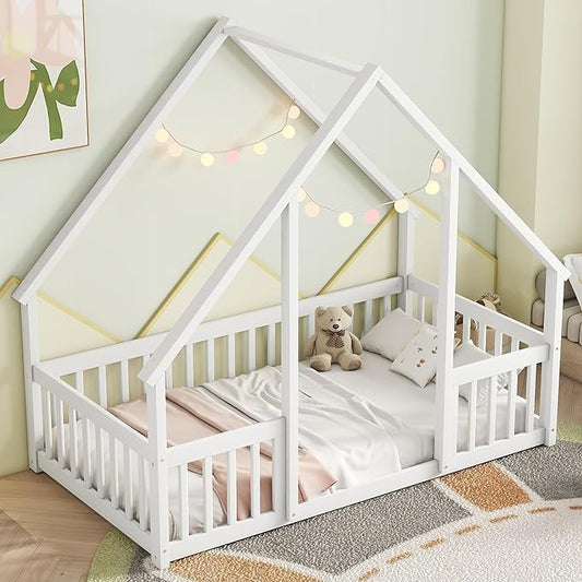 Bellemave Twin Floor Bed for Kids, Girls, Boys, Wood House Bed Frame, House Floor Bed for Kids, Twin Size Montessori Floor Bed with Fence, Playhouse, White
