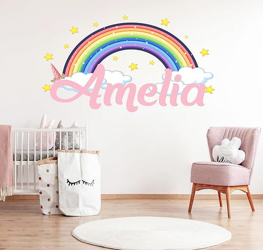 Custom Name Rainbow Wall Decal for Girls - Personalized Name Stars Clouds Sticker - Rainbow Wall Decal - Cute Unicorn Sticker for Kids Decor- Removable Vinyl for Nursery Decor (Tiny Wide 8"x5" Height)