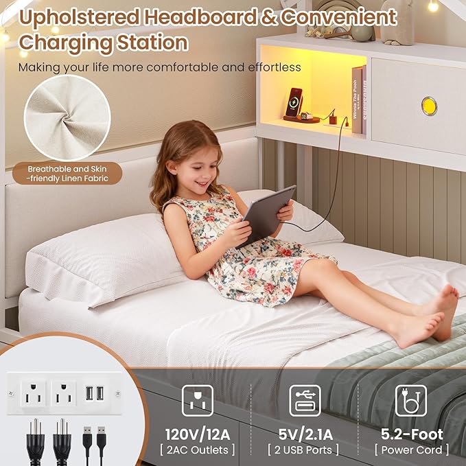DICTAC Twin Corner Bed Frame with Storage Bookcase,Charging Station and Upholstered Headboard House Shaped Twin Size Bed Frame with 2 Storage Drawers,RGB LED and Globe Lights,Kid twin House Beds,White