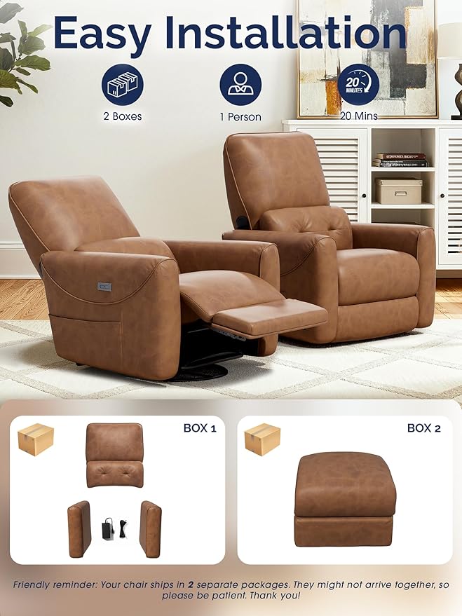 KINGYES Swivel Power Recliner, Glider Rocking Chair for Nursery, 270° Swivel Nursery Rocking Chair, Bluetooth Speaker & USB-C Port, Faux Leather Single Recliner Sofa for Breastfeeding, Brown