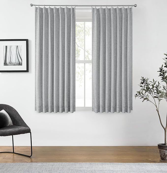 Central Park Gray Pinch Pleat Full Blackout Curtain Panels Linen Texture Thermal Insulated 100 Room Darkening Window Treatment Drapes with Back Tab for Living Room Bedroom with 9 Hooks, 40"x63"x2