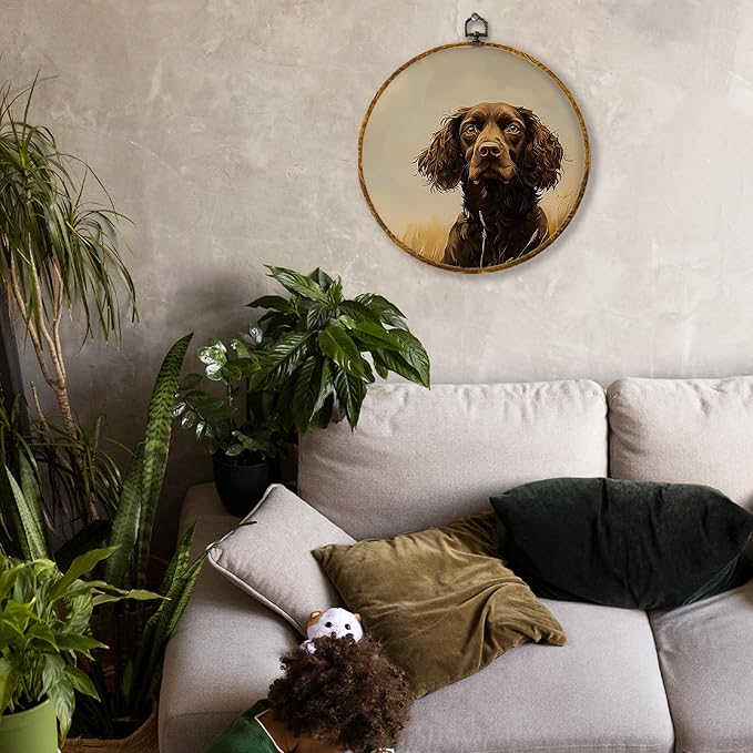 Hiuwevt English Cocker Spaniel Round Wall Art Decor, Rustic Hunting Dog Framed Canvas Prints, Cocker Spaniel Gifts Round Wall Hanging Decor for Home Bedroom Living Room Decorations, 10x10 Inches