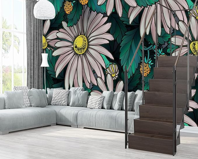 XMPMBM-Sunflower Cartoon Plant Floral Fabric Wallpaper Leaf Botanical Living Room Bedroom Bathroom Nursery Room Wall Mural-W 154" X H 105"（112 Square Foot）