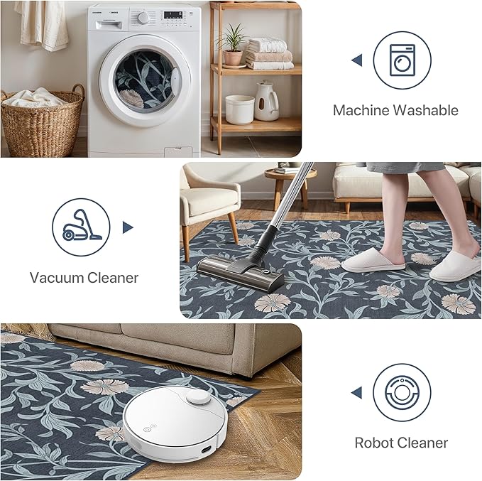 GENIMO 5x7 Vintage Floral Area Rug, Soft Microfiber Washable Rug with Non-Slip Backing, Blue and Black Carpet for Living Room, Bedroom and Dining Room