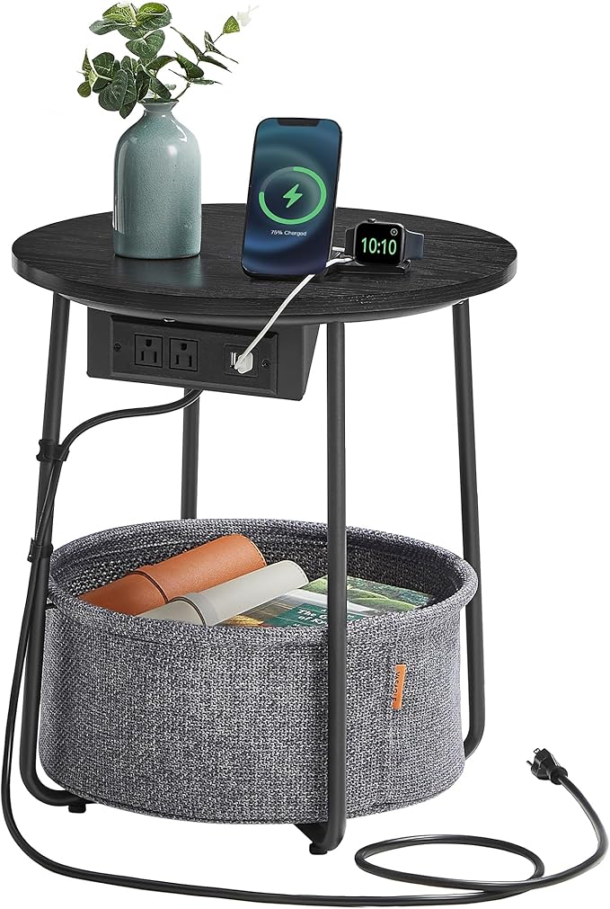 VASAGLE LILEA Collection - Side Table with Charging Station, Round End Table with Fabric Basket, Nightstand with USB Ports, for Living Room, Bedroom, Modern, Ebony Black and Slate Gray ULET228B01