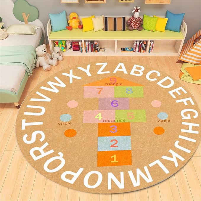 Children's Game Round Rug,7ft,ABC Alphabet Rug, Fun and Educational Hopscotchrug, Soft Non-Slip Children's Room Rug for Classroom, Nursery, Playroom, Playmat