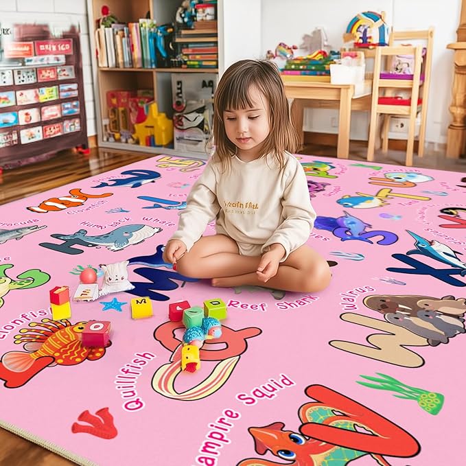 Kids Rug for Playroom, 7x9 Feet Educational Rug for Learn The ABC Alphabet, Soft Machine Washable Non-Slip Cute Marine Organisms Carpet for Classroom Toddler Nursery Kids Room Decor Mat, Pink